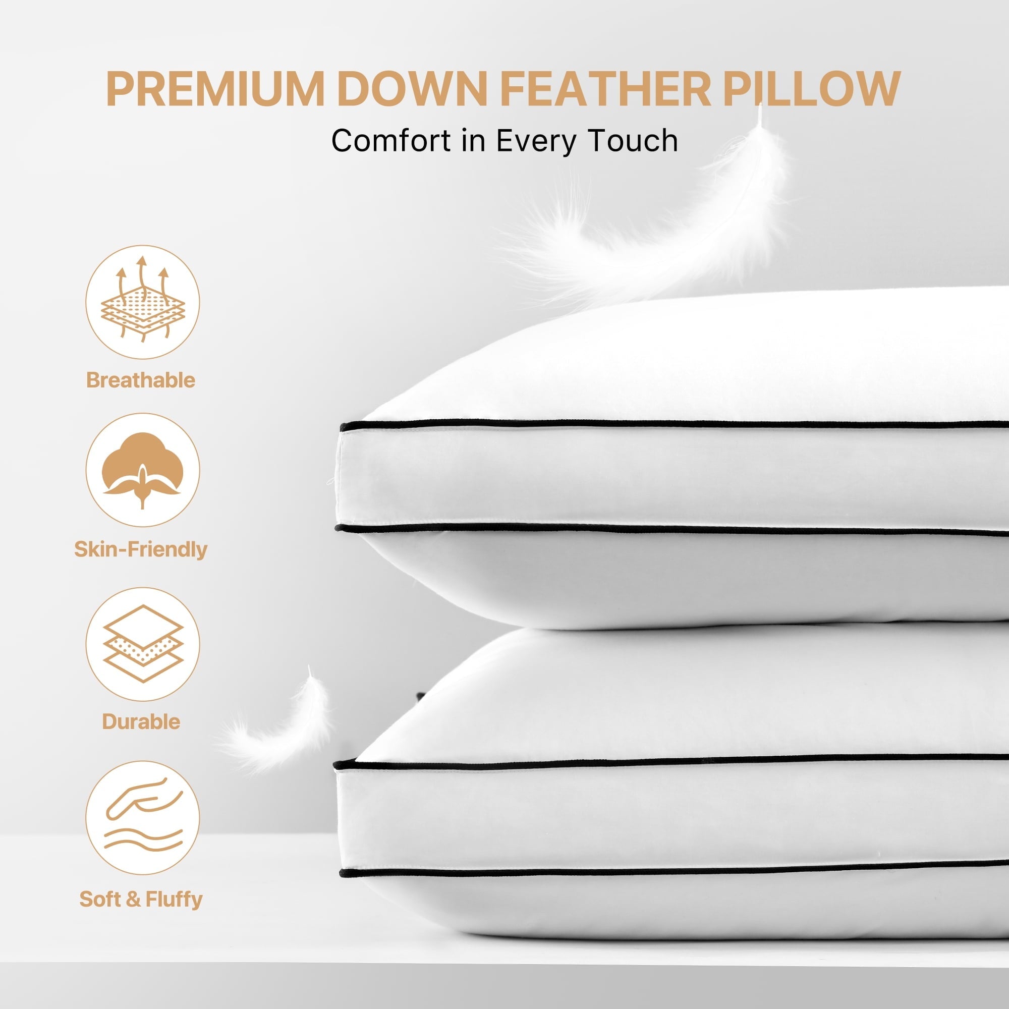 Decorative Plump Gusseted Feather Down Pillow Set of 2, Medium Firm Hotel Bed Pillows 2 Pack, Queen Size for Side Sleepers, 20 x 30 in - Orthopedic Shredded Foam Bed Pillow Set Detail