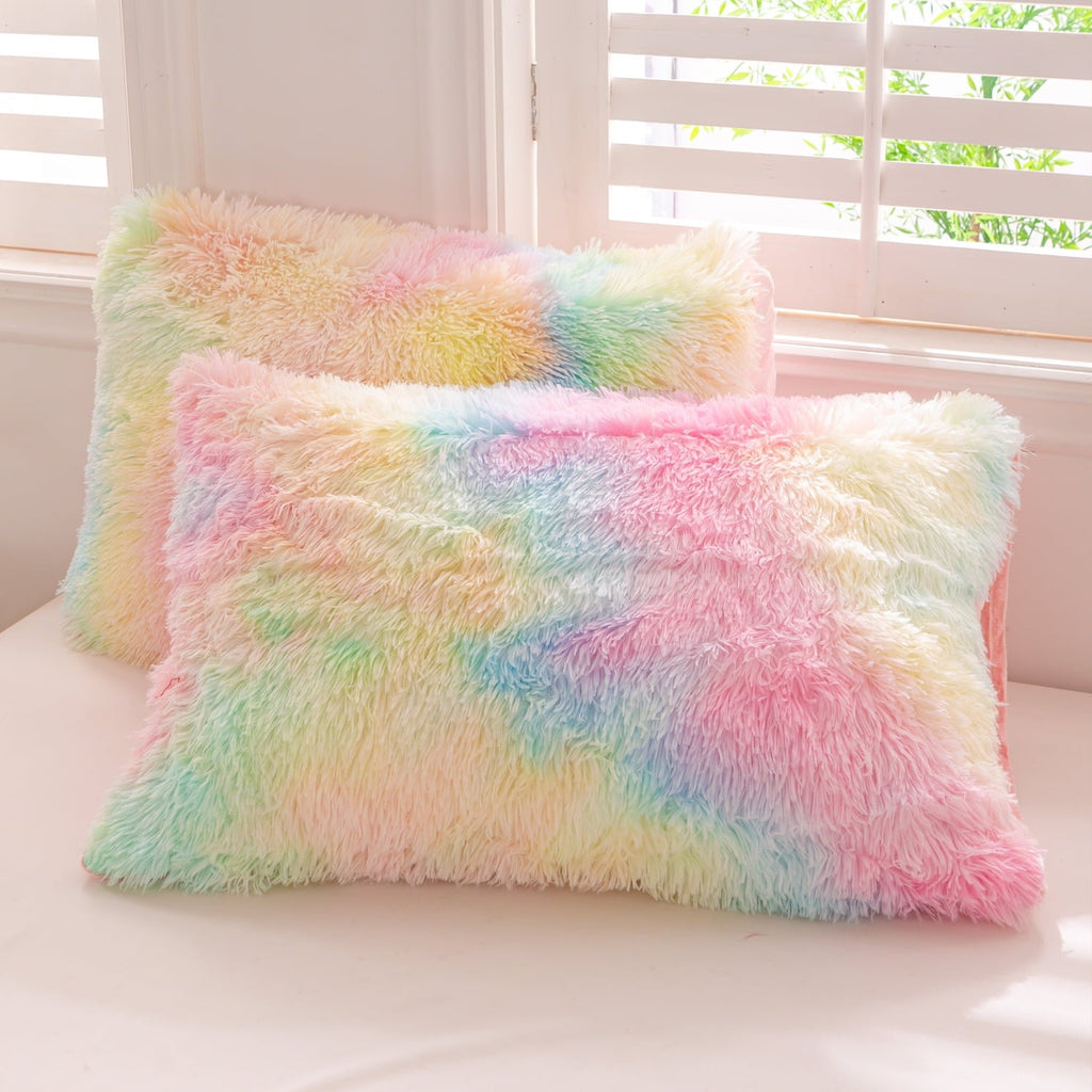 Heavyweight Warmth 3Pcs Pink Faux Fur Twin Comforter Set for Girls Tie Dye Rainbow Kid Bed Set Plush Shaggy Bedding Sets Fuzzy Bed Comfo... - All-Season Down Alternative Comforter Insert Detail