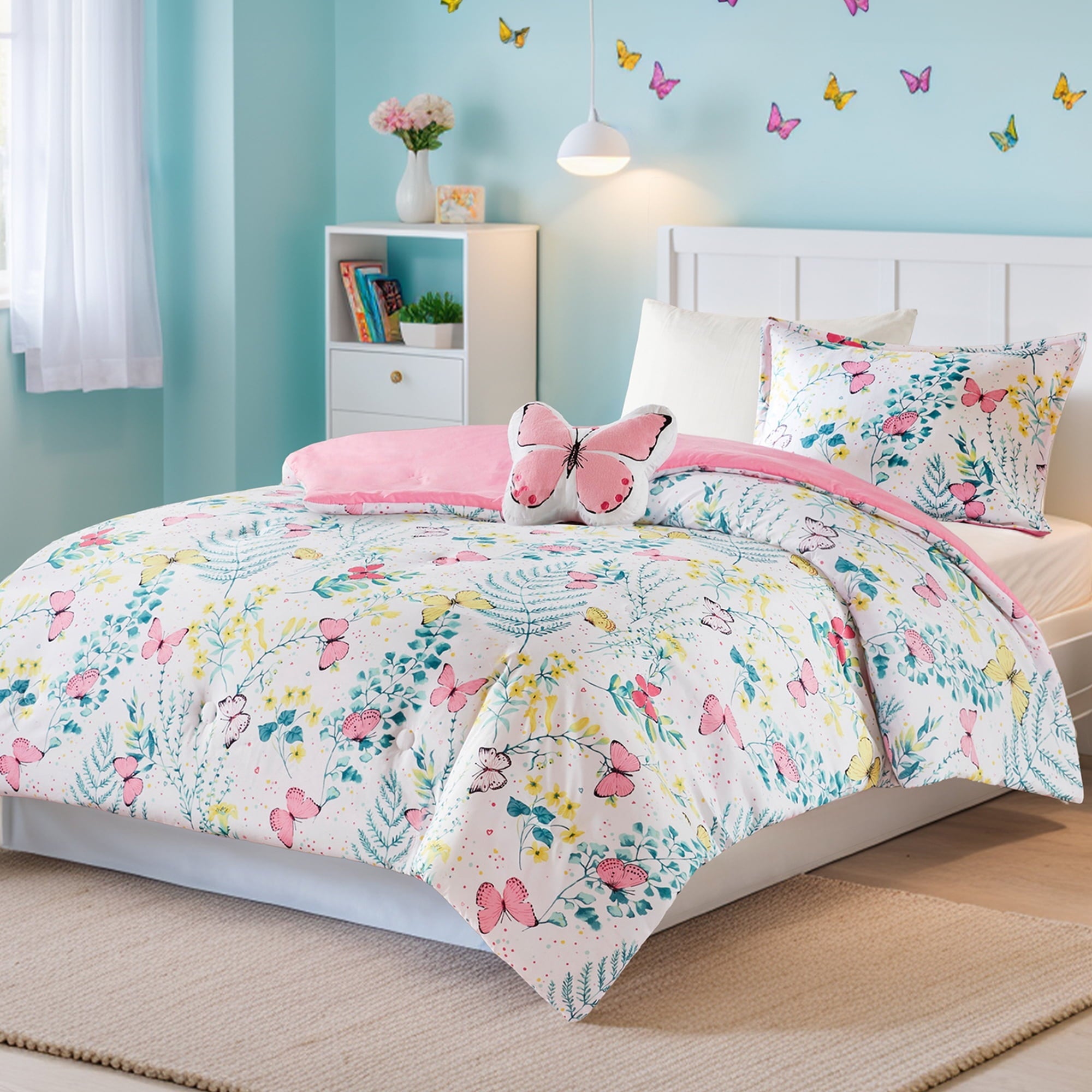 All-Season Full/Queen Size Comforter Sets, 4-Piece Kids Bedding Set for Girls, Butterfly Floral Comforter Bed Set, White/Pink - Cloud-Like Soft Lightweight Bed Comforter Detail