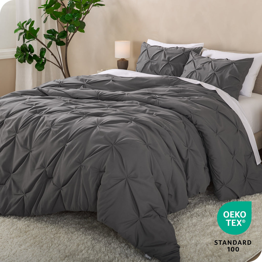 All-Season Pintuck Down Alternative Comforter Set - 3-Pieces - All Seasons - King, Grey - Hypoallergenic Ultra-Fluffy Quilt for Winter Detail