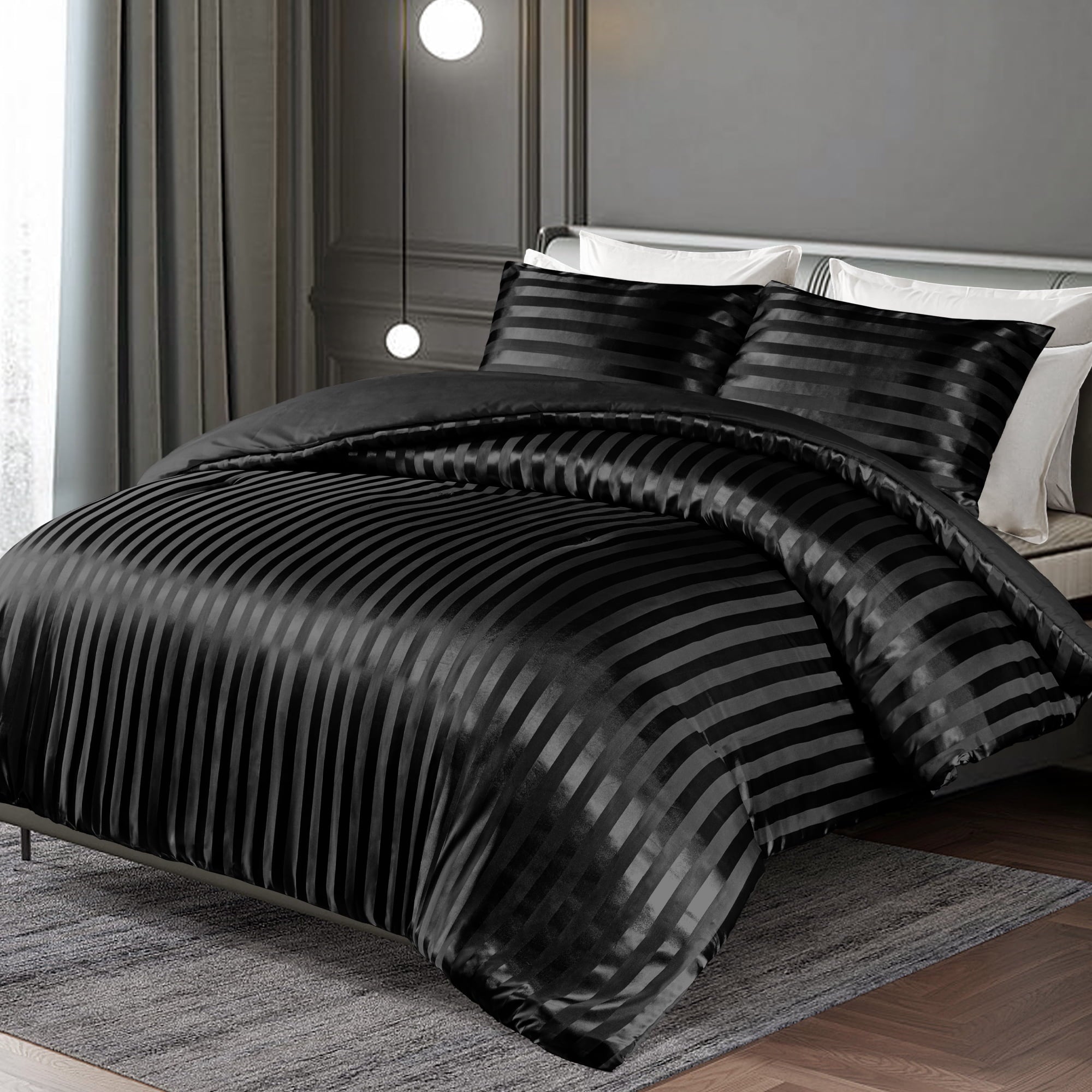 Luxurious Quilted 3-Piece Reversible Silky Soft King Size Comforter Set, Luxury Stripe Satin Oversized Comforter Bedding Set with 2 Sat... - Cloud-Like Soft Lightweight Bed Comforter Detail