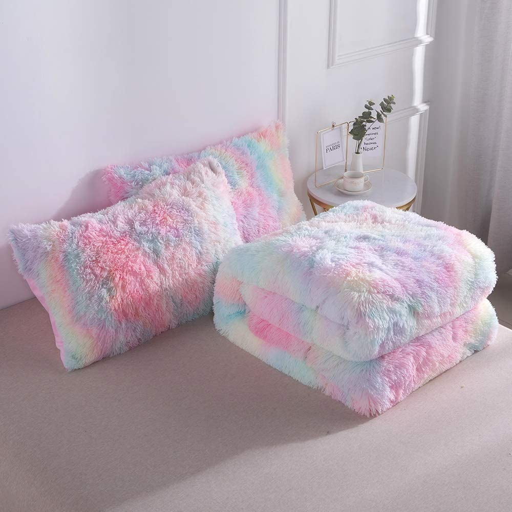 Luxurious Quilted Plush Shaggy Comforter Set Fluffy Fuzzy Faux Fur Bedding Set - Microfiber Soft Warm Quilt Set(Rainbow Pink,Queen Size) - Hypoallergenic Ultra-Fluffy Quilt for Winter Detail