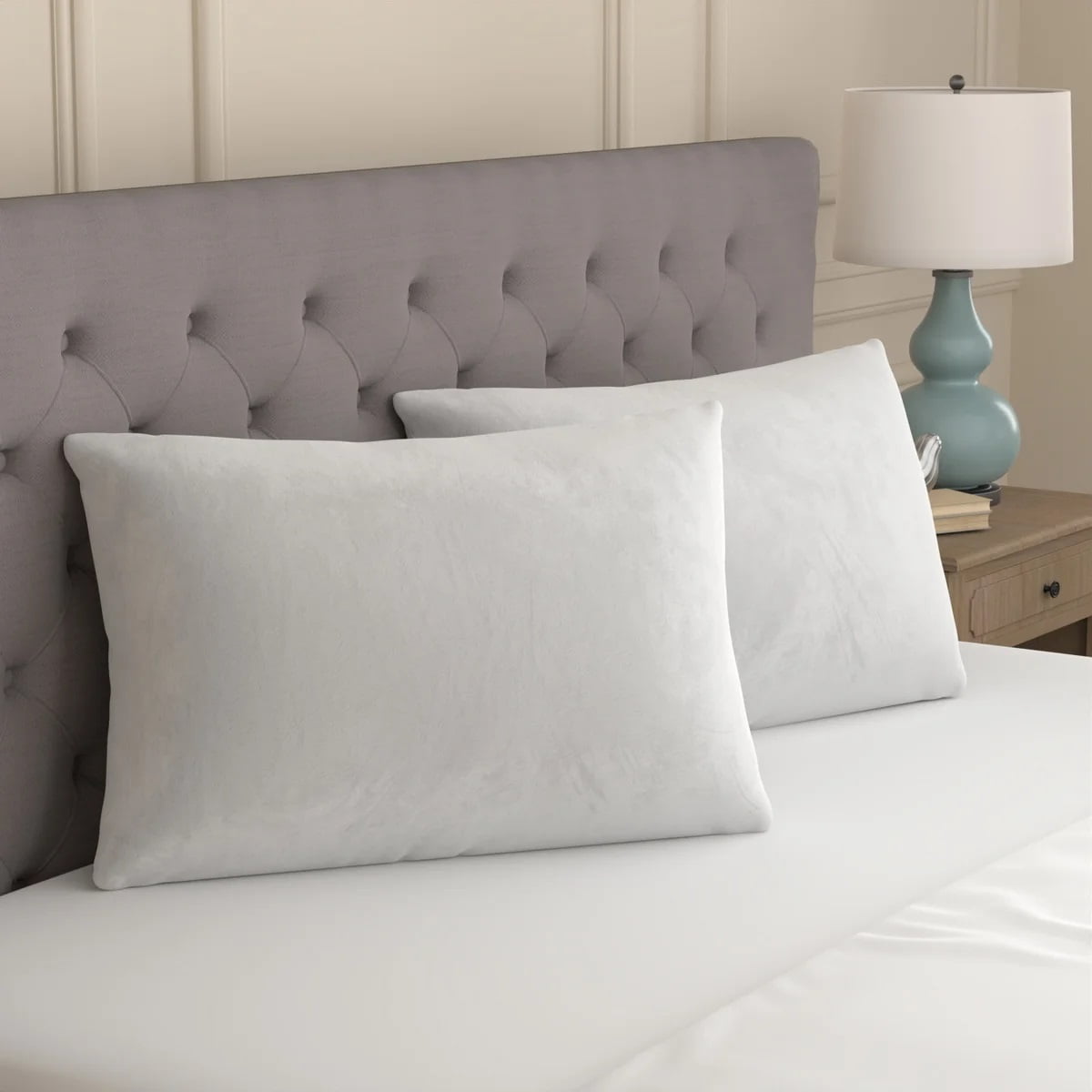 Decorative Plump Huggable Support Bed Pillow, Standard- Soft Velvety Cover, Squishable Comfort (2 Count) - Ergonomic Memory Foam Pillow for Neck Pain Support Detail