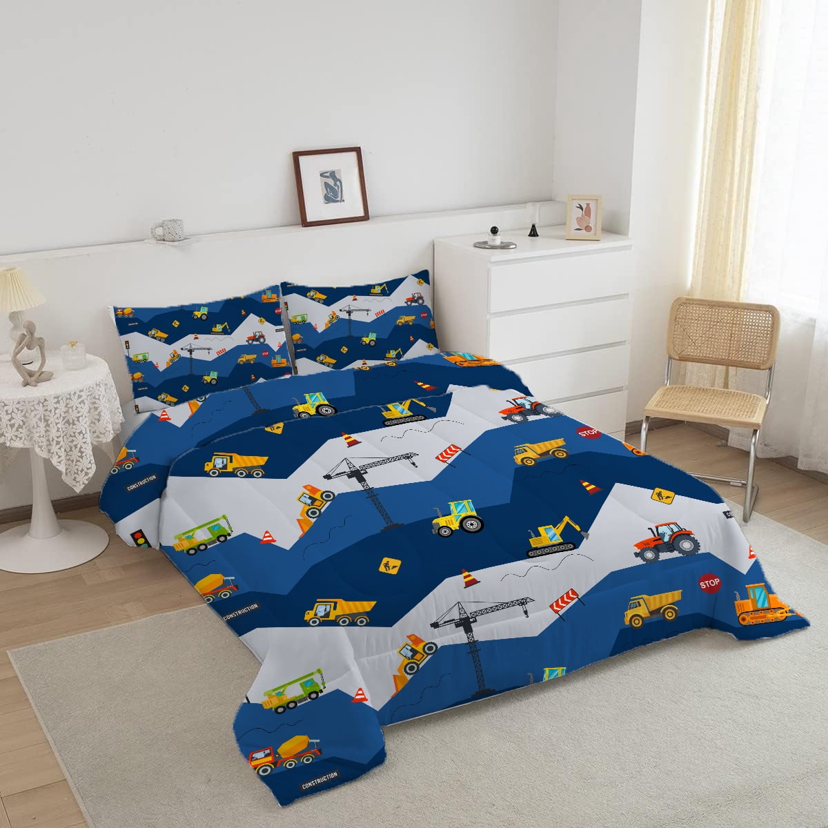 Fluffy Down Alternative Car Comforter Set Construction Bedding Set for Boys Kids Trucks Comforter Cartoon Car Excavator Tractor Blue 3Pcs Twin - Cloud-Like Soft Lightweight Bed Comforter Detail