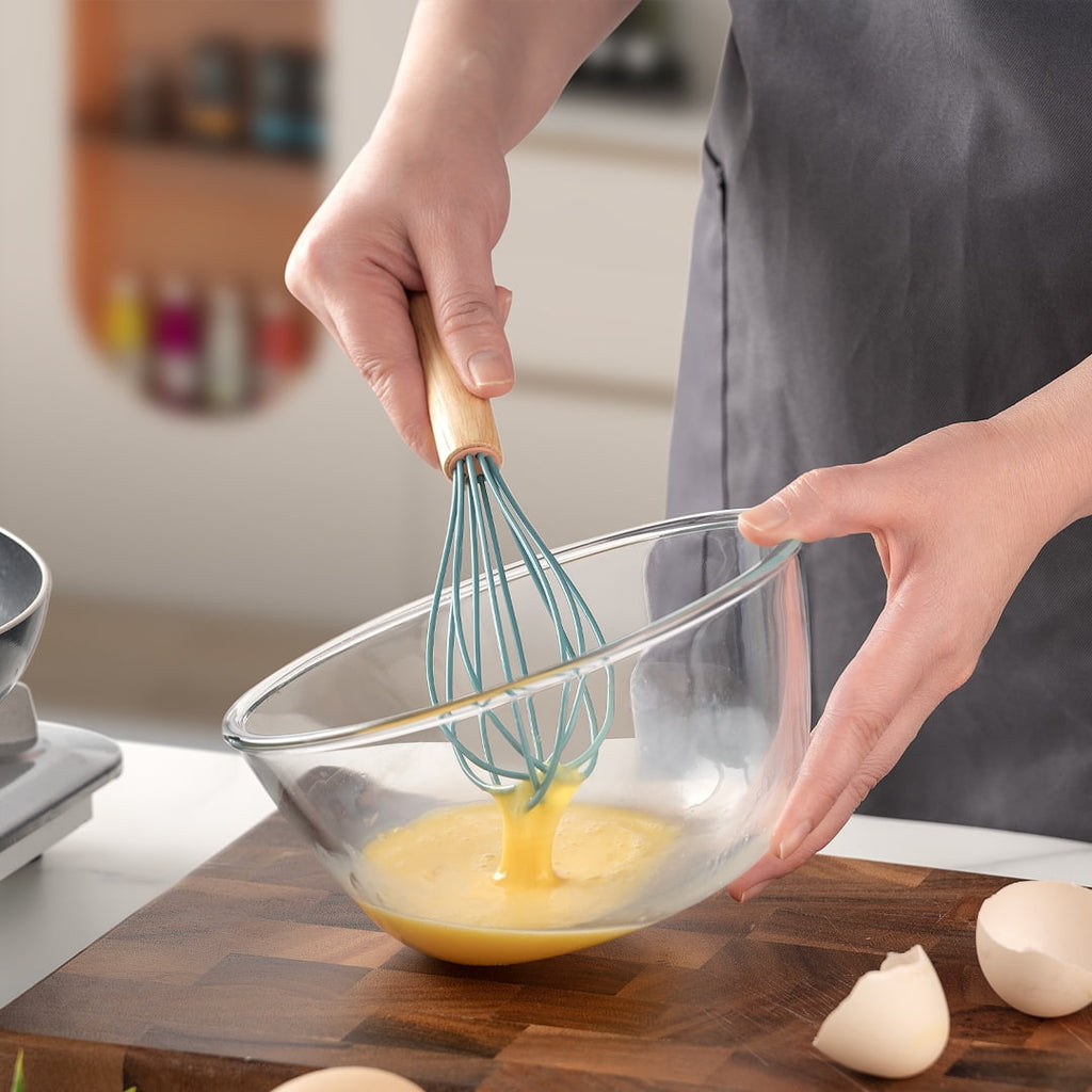 Non-Stick Safe Small Silicone Cooking Utensils with Holder Set (12Pack), Aqua Kitchen Tools with Wooden Handle for Nonstick... - Heat-Resistant Silicone Cooking Spatula Turner Detail