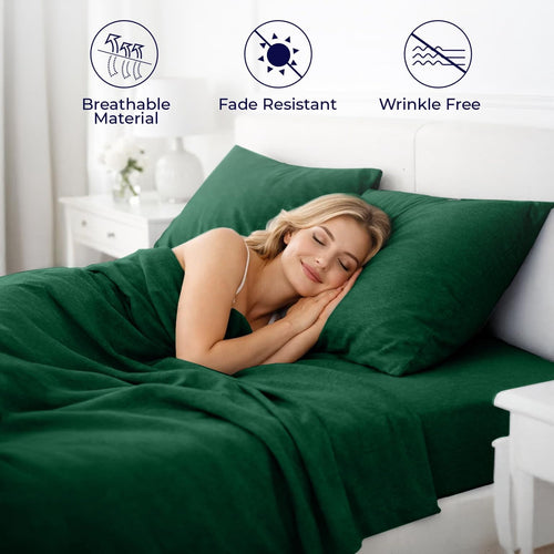 Breathable Luxury Bed Sheet Set Twin 3 Piece Hunter Green Breathable Soft Cotton Jersey Sheets with Deep Pockets, Unisex - Cooling Hotel Quality Bedding Sheets and Pillowcases Detail
