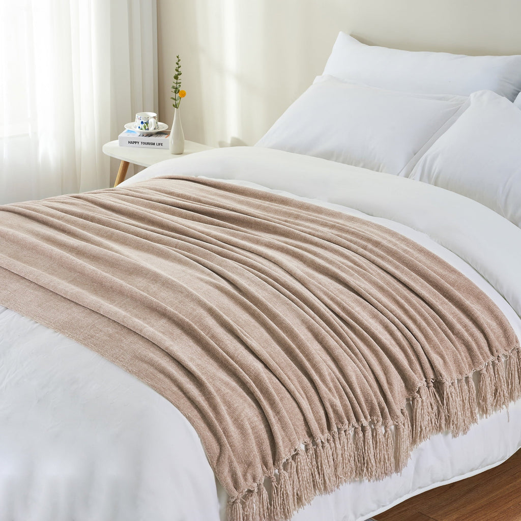 Lightweight Warm Chenille Throw Blanket with Fringe Tassel for Couch Sofa Chair Bed, Taupe 50" X 60" - Super Soft Reversible Sherpa Flannel Blanket Detail