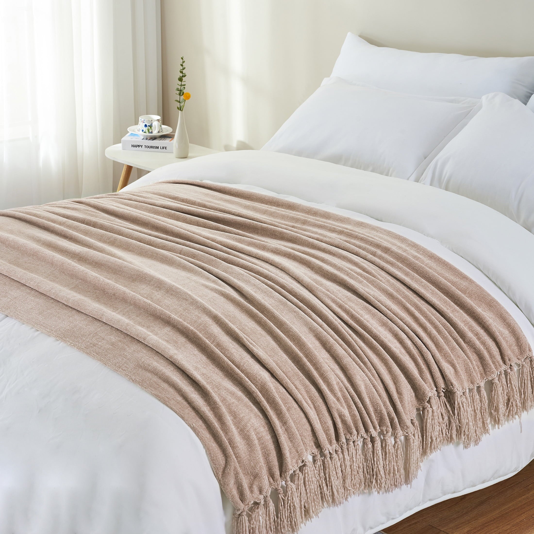 Lightweight Warm Chenille Throw Blanket with Fringe Tassel for Couch Sofa Chair Bed, Taupe 50" X 60" - Super Soft Reversible Sherpa Flannel Blanket Detail