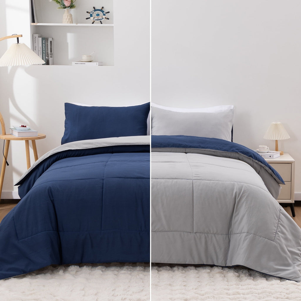 All-Season Queen Comforter Set All Season Reversible Bed Set with 2 Pillow Cases 3 Pieces Bedding Sets Down Alternative Blue/Gra... - Luxurious Quilted Duvet Cover Set - Default Title