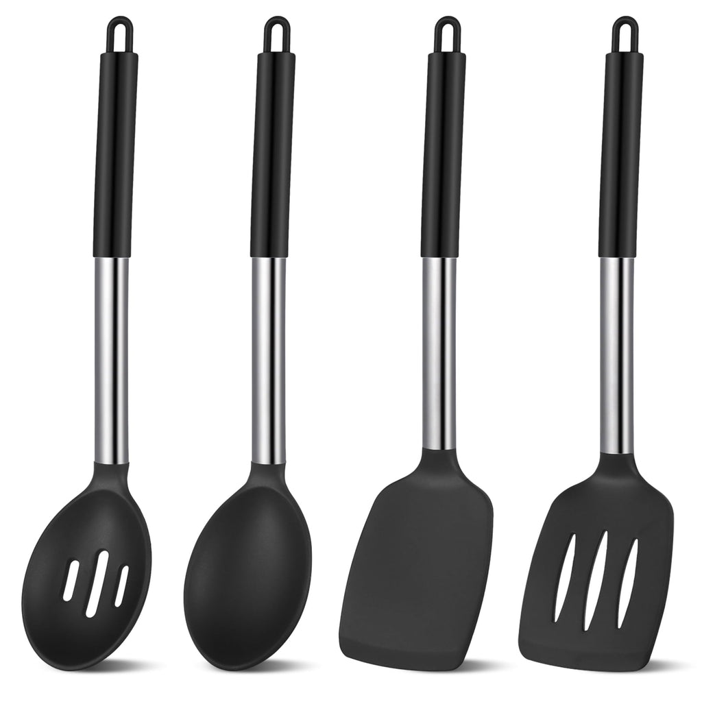 Seamless One-Piece Silicone Cooking Spatulas and Spoons, 4 Pack Heat Resistant Silicone Cooking Utensils Set, Non-stick Large Ki... - Durable Turner & Ladle Utensil Set for Home Chefs - Default Title