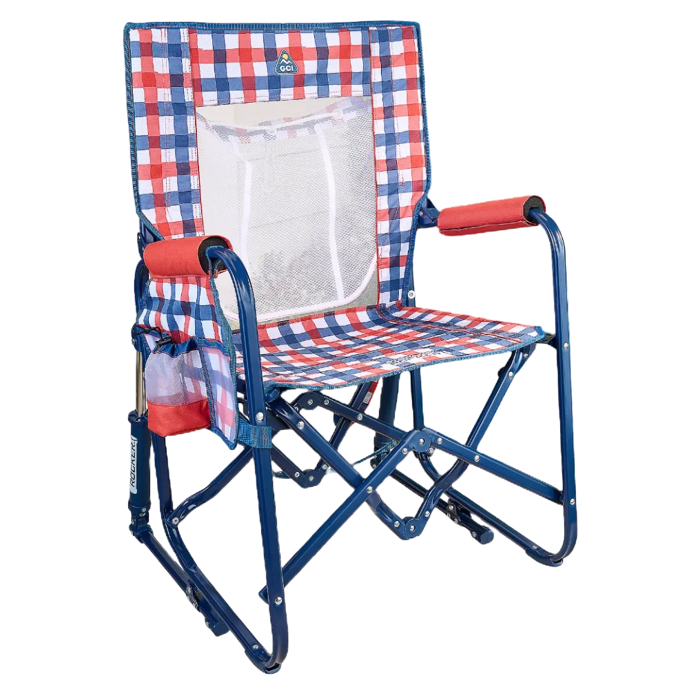Smooth Motion Stowaway Rocker with Storage Pouch - Choice 573 - RoadTrip Rocker Smooth Motion Camp Chair - Patriotic Plaid