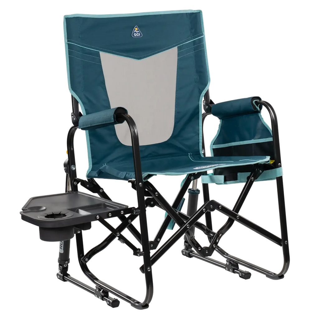 Premium All-Weather Stowaway Rocker with Side Table - Choice 253 - Heavy-Duty Kickback Rocker with Beverage Holder - Teal
