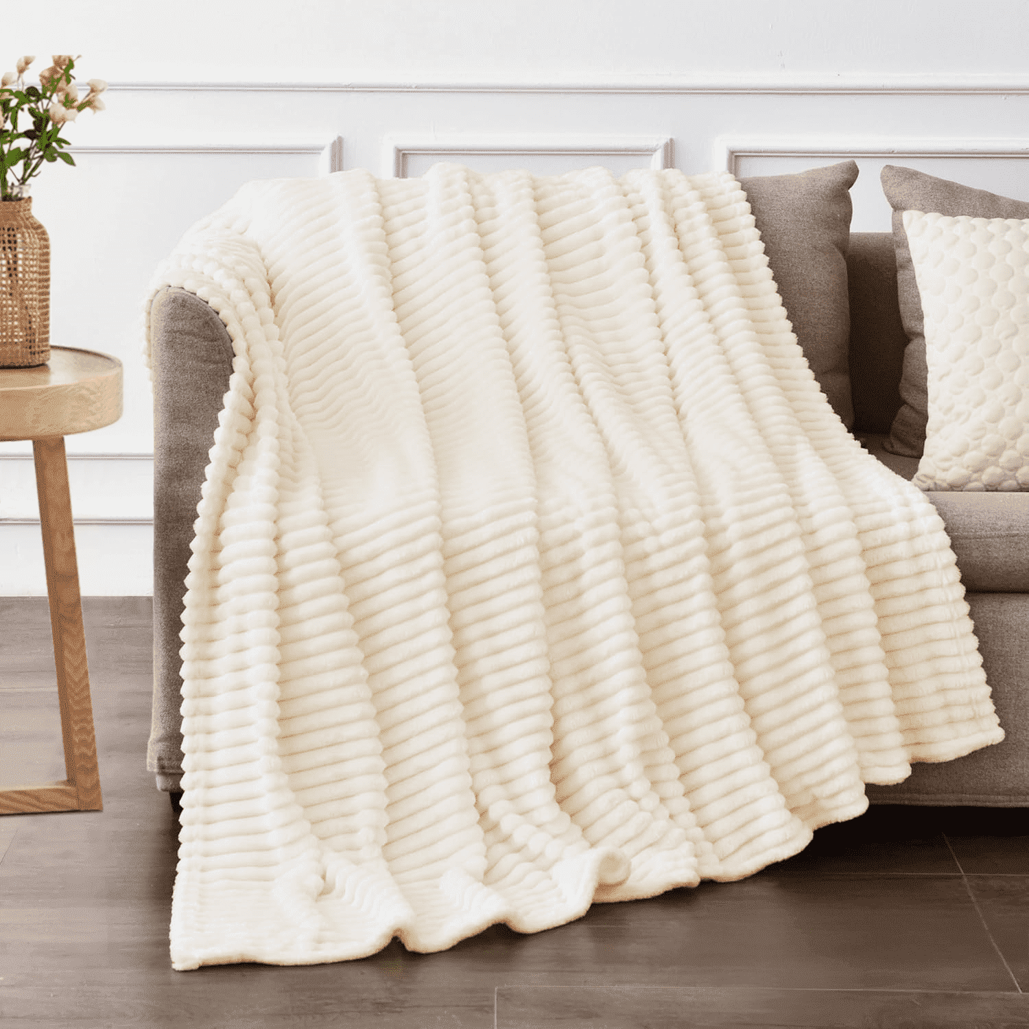 Super Soft Flannel Throw Size Blanket for Couch, Sofa, Bed, Striped Beige Throw Blanket for Office Picnic Travel Bedroom, Super Soft War... - Super Soft Reversible Sherpa Flannel Blanket - Default Title